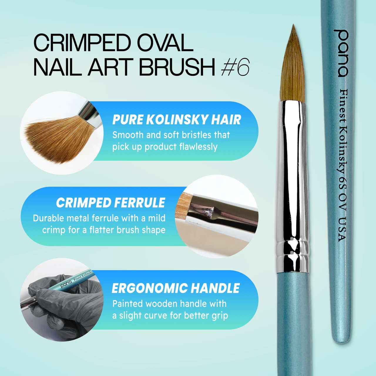 Oval Crimped Teal Coated Wood Kolinsky Brush Handle with Silver Ferrule