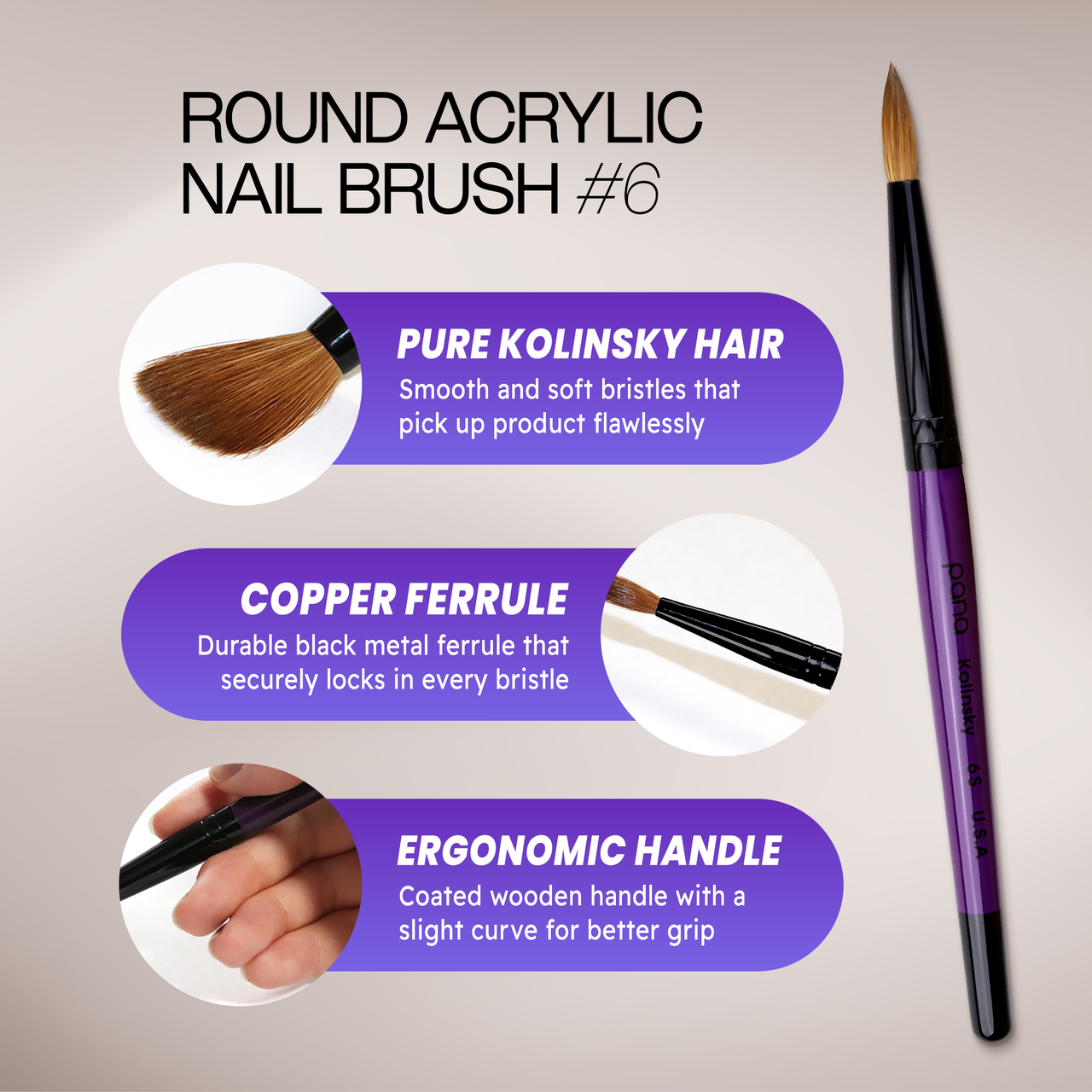 Round Purple Coated Wood Kolinsky Brush Handle with Black Ferrule Round Purple Coated Wood Kolinsky Brush Handle with Black Ferrule