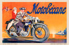 Motobecane Motorcycle Vintage Poster by Geo Ham 1920 French Motorcycle & Transportation Advertisement – High Quality Giclee Reproduction Fine Art Print. Featuring an exciting illustration of a man and woman riding a classic Motobecane motorcycle, with the wind in their hair and vibrant orange and yellow background. Horizontal poster.