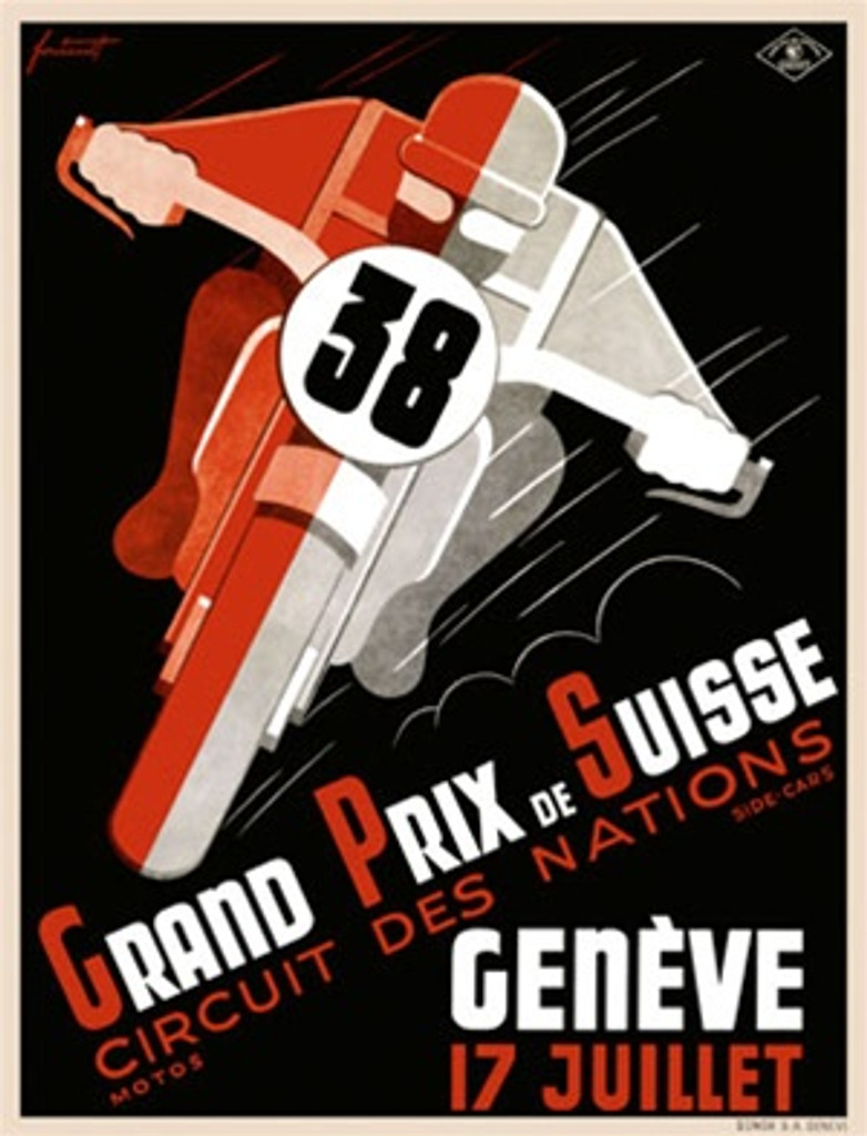 Grand Prix de Suisse by Fontant 1946 Switzerland - Vintage Poster Reproductions. This vertical Swiss transportation poster features a half red, half white graphic figure on motorcycle 38 heading towards us. Giclee Advertising Print. Classic Posters