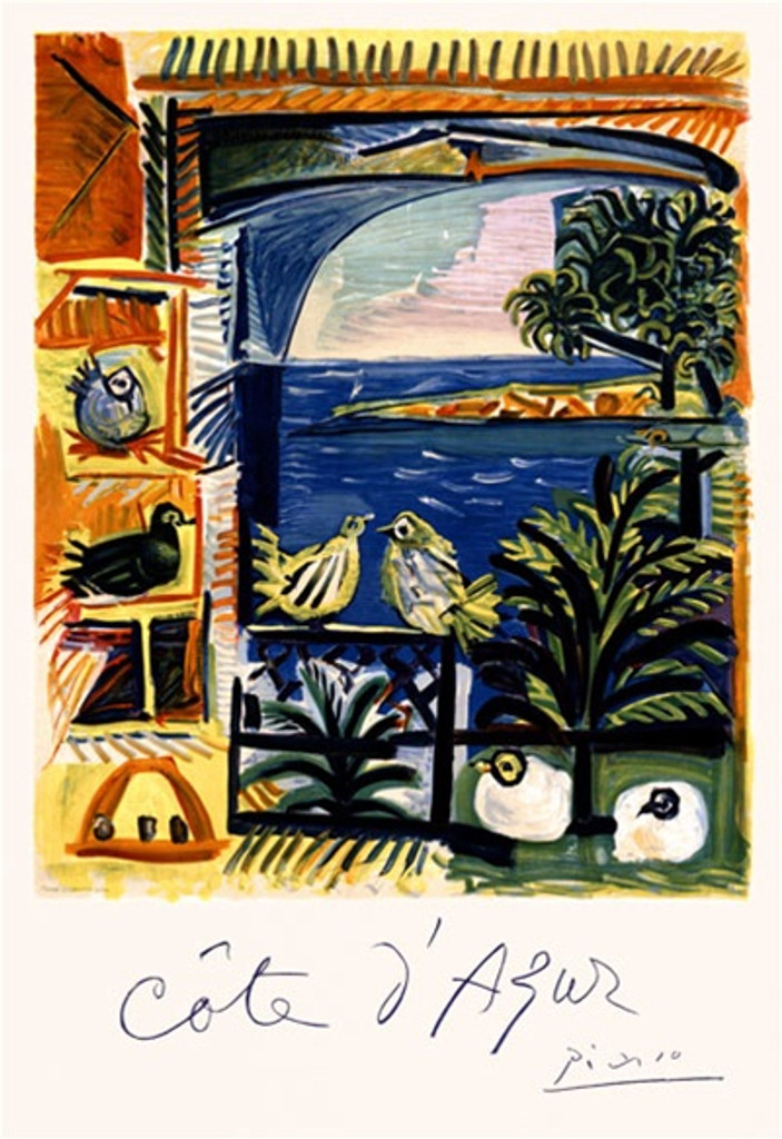 Cote dAzur by Picasso 1958 France - Vintage Poster Reproductions. This vertical French travel poster features an abstract view of a window looking out at the sea and trees with birds perched around the edge. Giclee Advertising Print. Classic Posters