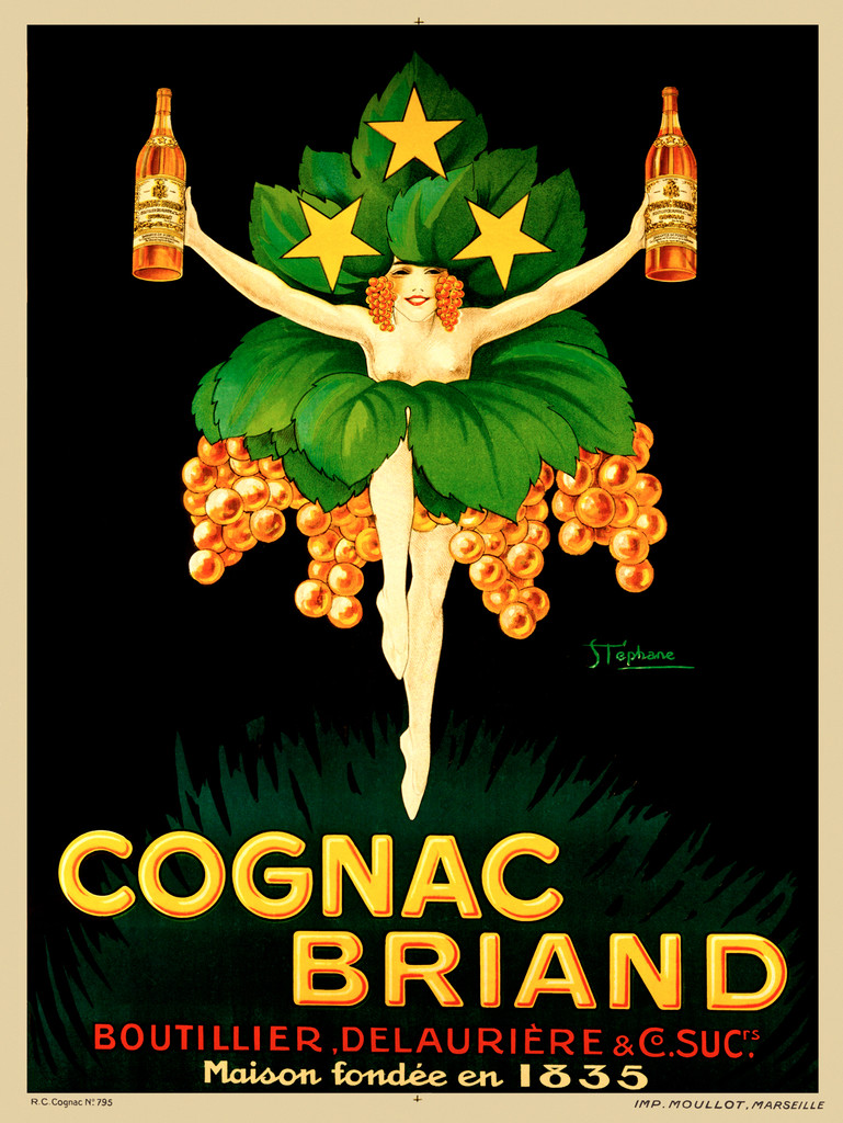 Cognac Briand by Stephano 1927 France - Vintage Poster Reproduction. This vertical French wine and spirits poster features a woman dressed in grapes and leaves holding out two bottles on a black background. Giclee Advertising Print. Classic Posters