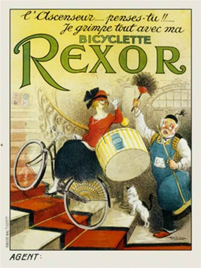 Bicyclette Rexlor by Vion 1917 France - Vintage Posters Reproductions. French transportation poster features a woman riding her bike up a staircase holding a huge hat box and a janitor chasing after her. Giclee Advertising Prints Cycles bicycles posters.