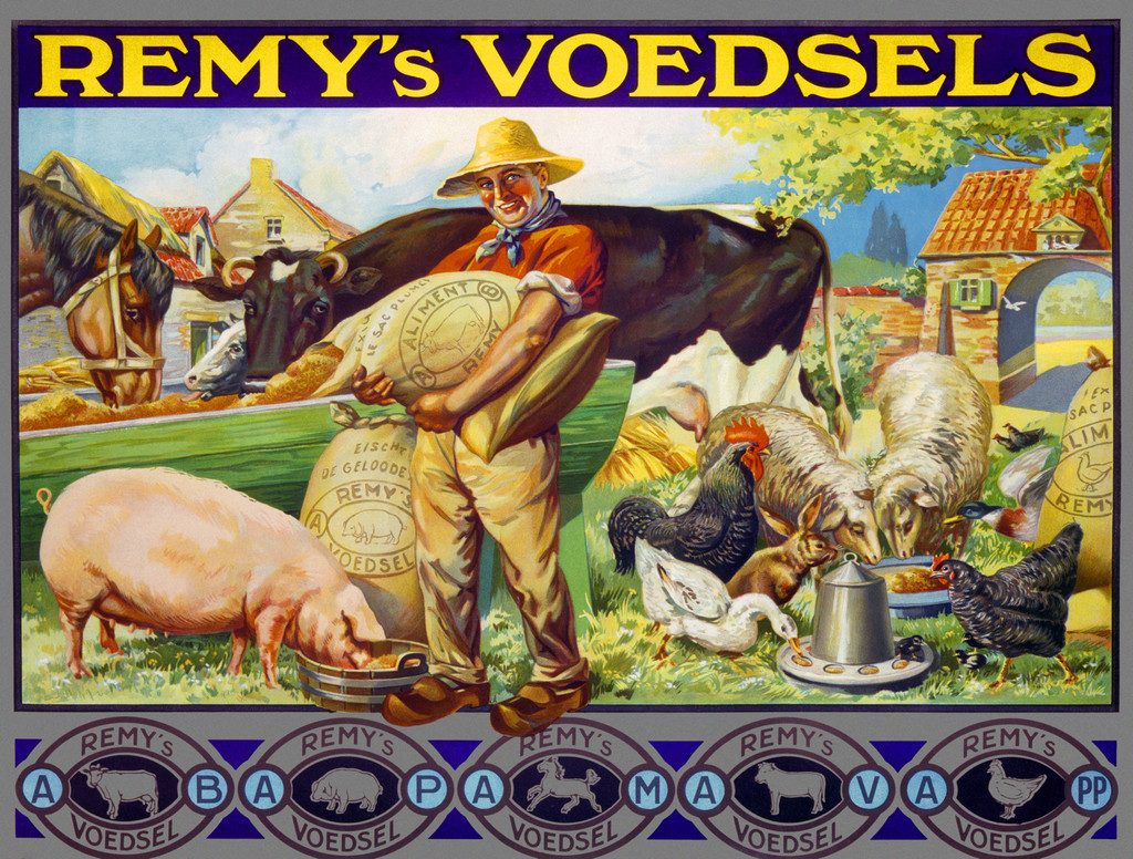 Remy's Voedsels 1930 France Beautiful Vintage Poster Reproduction. This horizontal French culinary / food poster features a farmer holding a bag feeding his animals (cow, pigs, horse, roosters, lamb). Giclee Advertising Print. Classic Posters