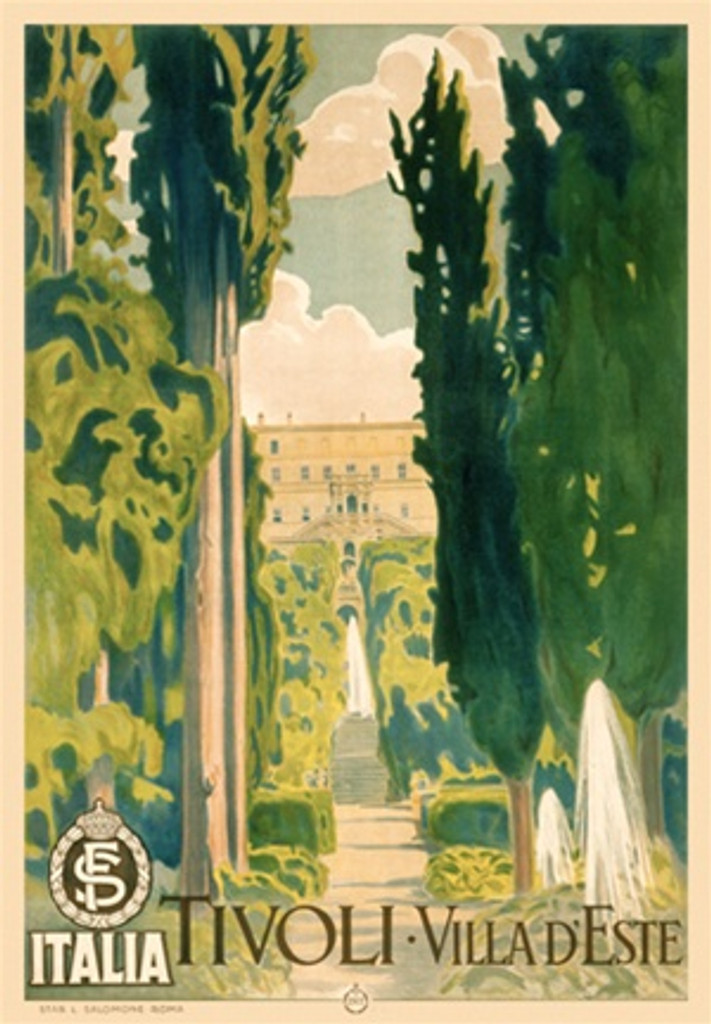 Tivoli Villa dEste 1928 Italy - Beautiful Vintage Poster Reproductions. This vertical Italian travel poster features a tree lined path to a mansion against a cloud filled sky. Giclee Advertising Print. Classic Posters