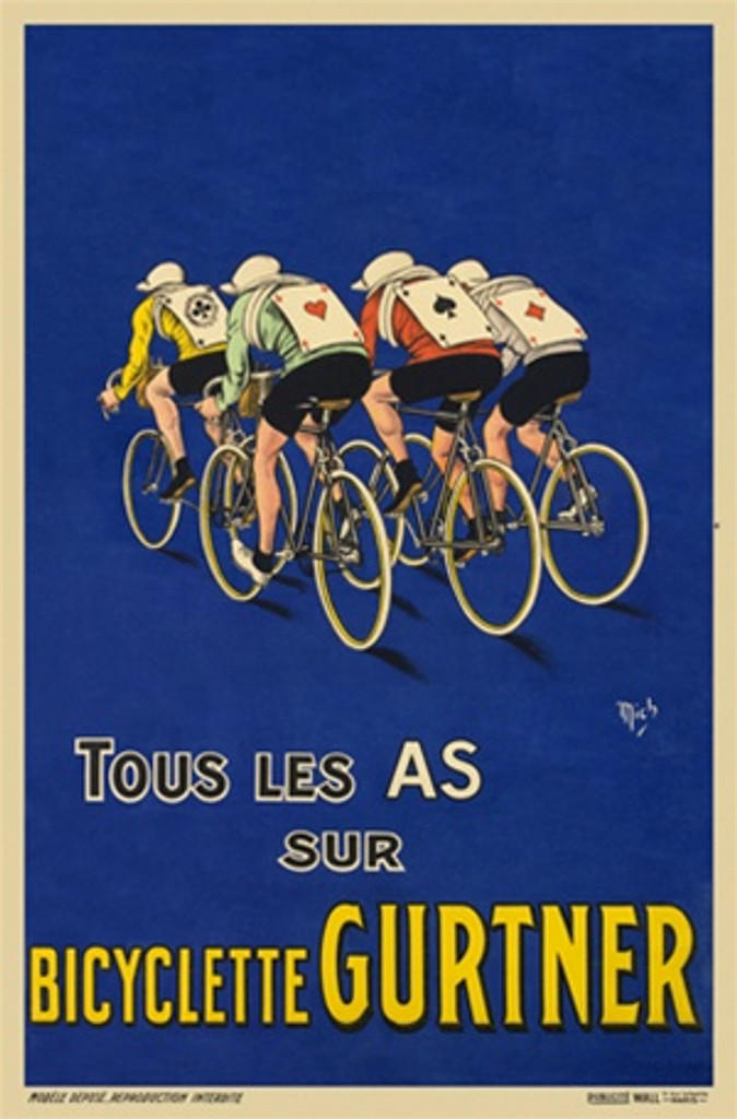 Bicyclette Gurtner by Mich 1918 France - Beautiful Vintage Poster Reproductions. This vertical French transportation poster features cyclist riding away with playing cards on their backs against a blue background. Giclee Advertising Print. Classic Posters