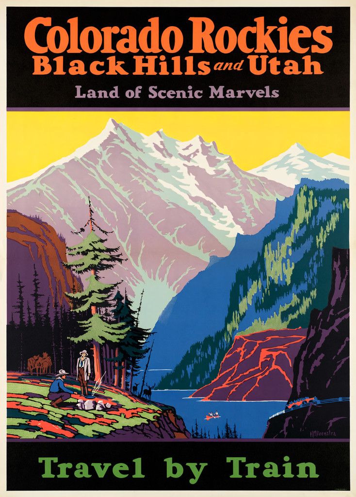 Colorado Rockies Travel by Train Vintage Poster Reproduction. American travel advertisement Black Hill and Utah Land of Scenic Marvels. Giclee Advertising Prints. Classic Posters.