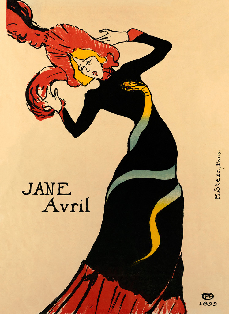 Jane Avril poster by Henri Toulouse Lautrec from 1899 France - Vintage Poster Reproduction. French famous performer dancer in black dress with snake wrapped around her, she is wearing large red hat on a creamy background. Giclee Advertising Prints. Classic Posters by Lautrec.