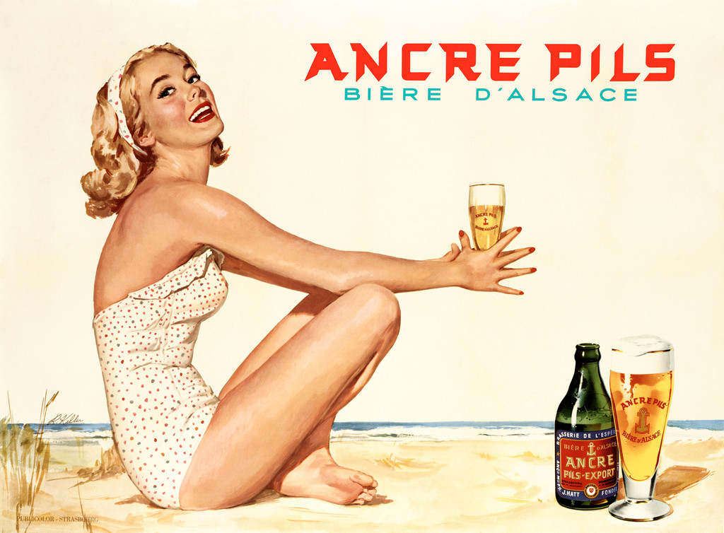 Ancre Pils Biere D Alsace poster print. Vintage Posters Reproductions. Belgium poster advertising beer features an attractive blond woman in a white swimsuit on the beach holding a glass of beer. Giclee Advertising Prints. Classic
