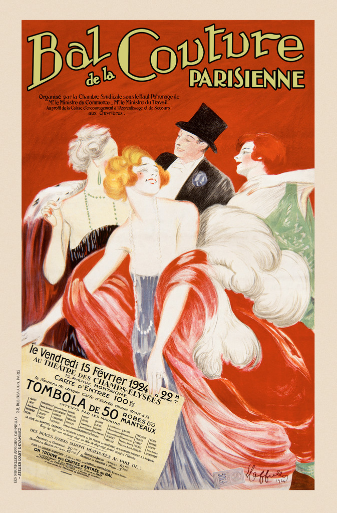 Bal de la Couture Parisienne poster print by Cappiello 1924 France - Beautiful Vintage Posters Reproductions. This vertical French poster features Parisienne women and a dapper man in a top hat on a red background. The formal women in front is holding a poster.