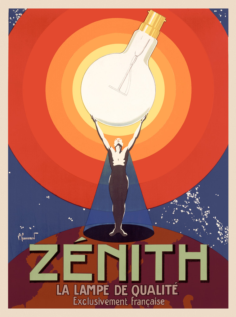 Zenith La Lampe De Qualite VintagePoster Print by Pierre Commarmond from 1925 France -  French product poster features a man standing on a globe holding aloft a giant bulb with red and orange circles around the light. Giclee Advertising Prints. Classic Posters