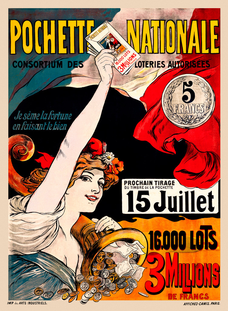 Loteries Pochette Nationale by Imp. Camis 1900 French - Beautiful Vintage Poster Reproductions. This vertical French product poster features a woman holding tickets up to the flag and a cornucopia of money on her shoulder. Giclee Prints, Classic Posters