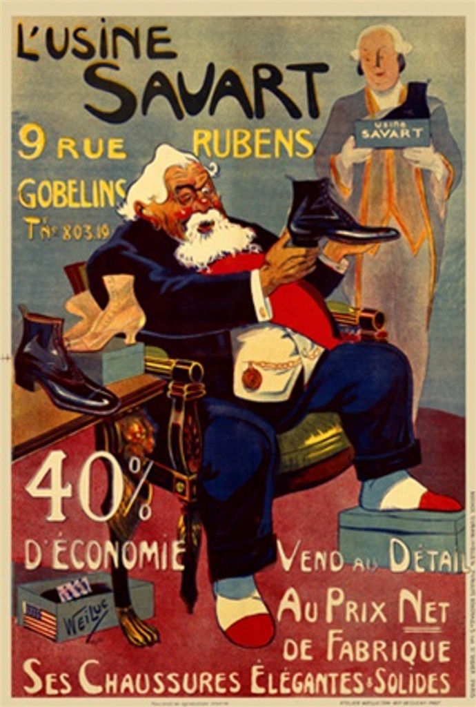 L'Usine Savart Chaussures Elegantes poster by Weiluc 1906 France - Vintage Posters Reproduction. French product poster features a fat man with a white beard holding up to examine a shoe before he tries it on. Giclee Advertising Print. Classic Posters