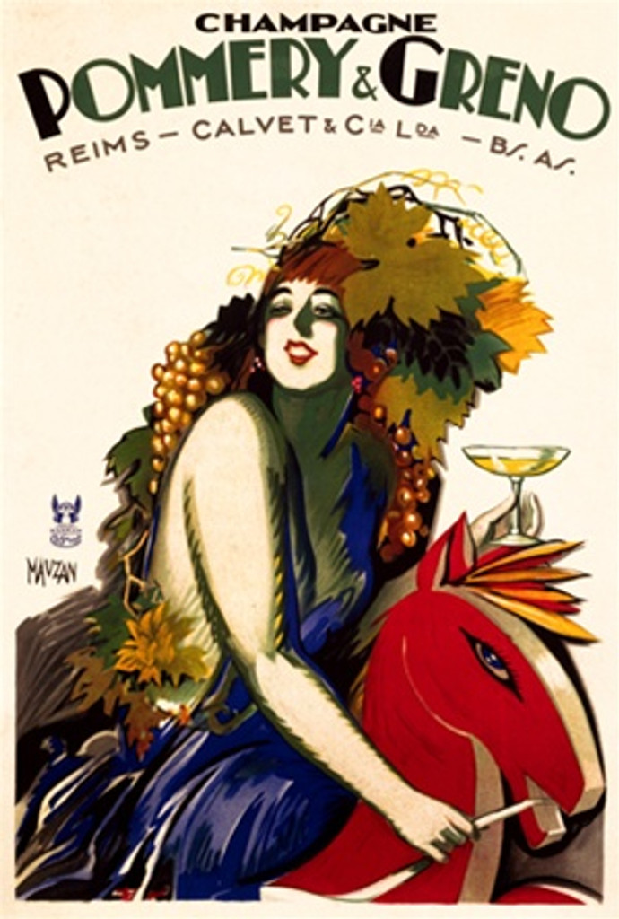 Champagne Pommery and Greno poster by Mauzan 1930 French - Beautiful Vintage Poster Reproduction. This French wine and spirits poster features a women draped in grapes and leaves on a horse holding a glass of Champagne. Giclee Advertising Prints. Classic Posters