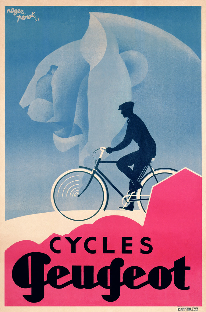 Cycles Peugeot by Roger Perot 1931 France Beautiful Vintage Poster Reproduction. This vertical French transportation poster features a silhouette of a man riding a bicycle in front of a ghosted profile of a lion. Giclee Advertising Prints. Classic Posters