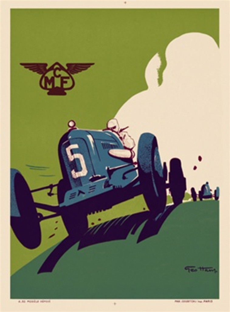 MCF by Ham 1920 France - Beautiful Vintage Poster Reproductions. This vertical French transportation poster features a blue race car, number 5, racing towards us against a green sky and white clouds. Giclee Advertising Print. Classic Posters