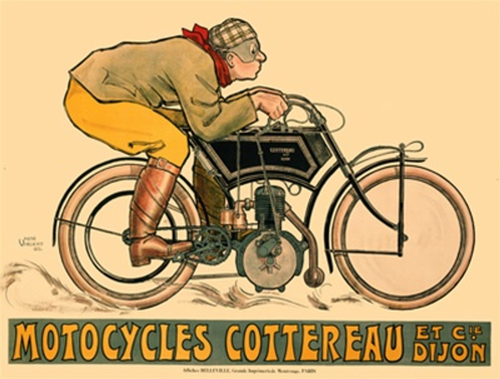 Motorcycles Cottereau by Vincent 1905 France - Beautiful Vintage Poster Reproductions. This horizontal French transportation poster features a man riding a motorcycle in a checkered hat and yellow pants. Giclee Advertising Print. Classic Posters