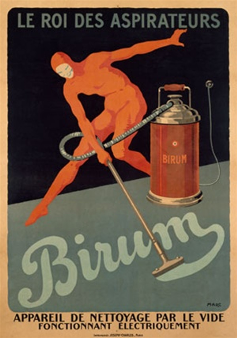 Birum 1910 France - Beautiful Vintage Poster Reproductions. This vertical French product poster features a man in a tight orange suit using a vacuum type machine to write Birum on the floor. Giclee Advertising Print. Classic Posters