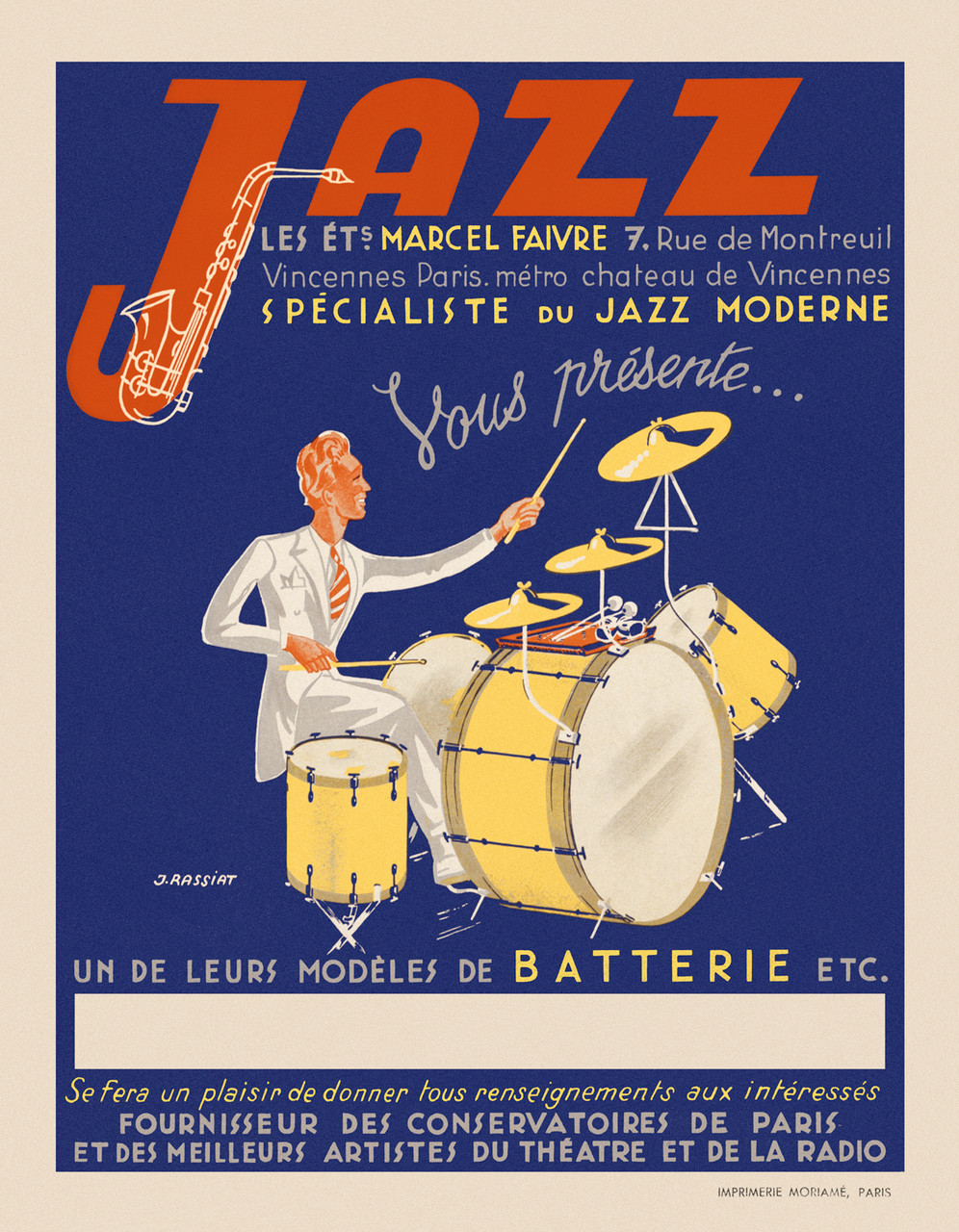 Jazz Moderne by J. Rassiat 1924 France Vintage Poster Reproduction. French theater exhibition poster features a man in a white suit playing a yellow drum with a saxophone in the J above him. Giclee Advertising Prints. Classic Posters