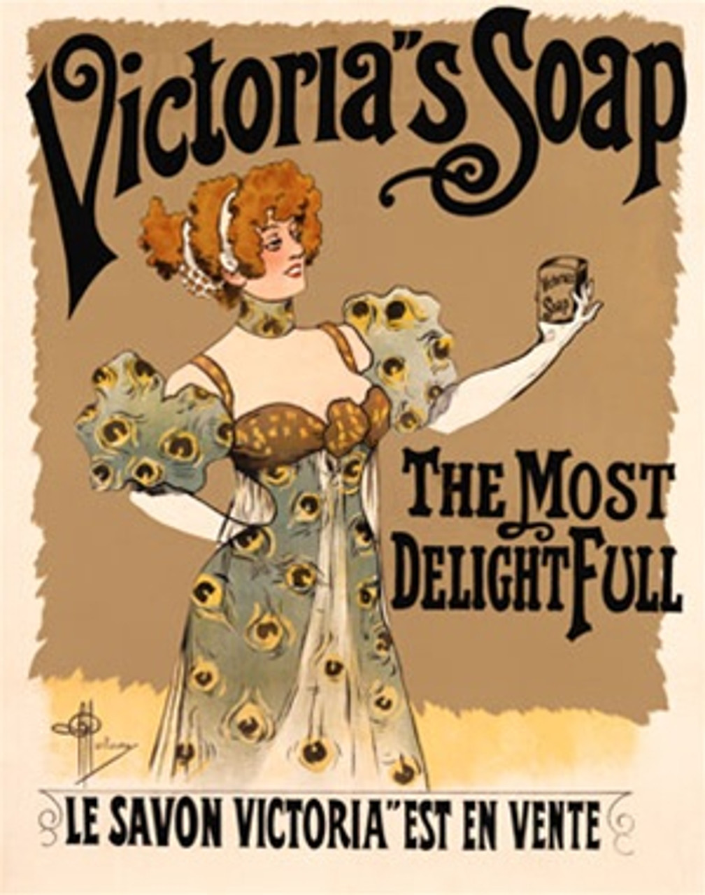 Victorias Soap by Guillaume 1900 France - Beautiful Vintage Poster Reproductions. This vertical French product poster features a red headed woman in formal dress holding up a bar of soap. The Most Delightfull. Giclee Advertising Print. Classic Posters