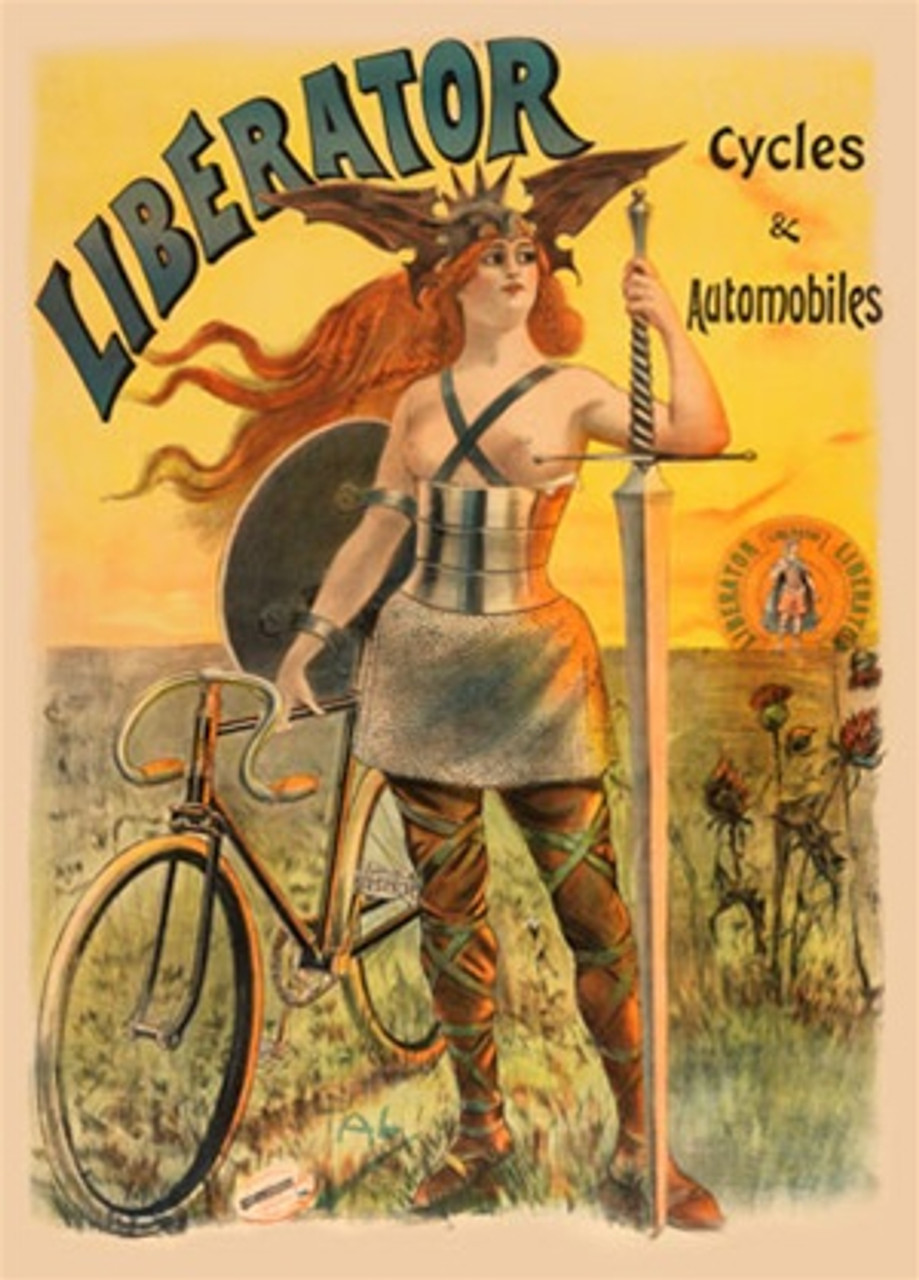 Cycles Liberator by Pal 1898 France - Beautiful Vintage Poster Reproductions. French transportation poster features a warrior woman with shield and sword next to a bike in a field at sunset. Giclee Advertising Print. Classic Posters