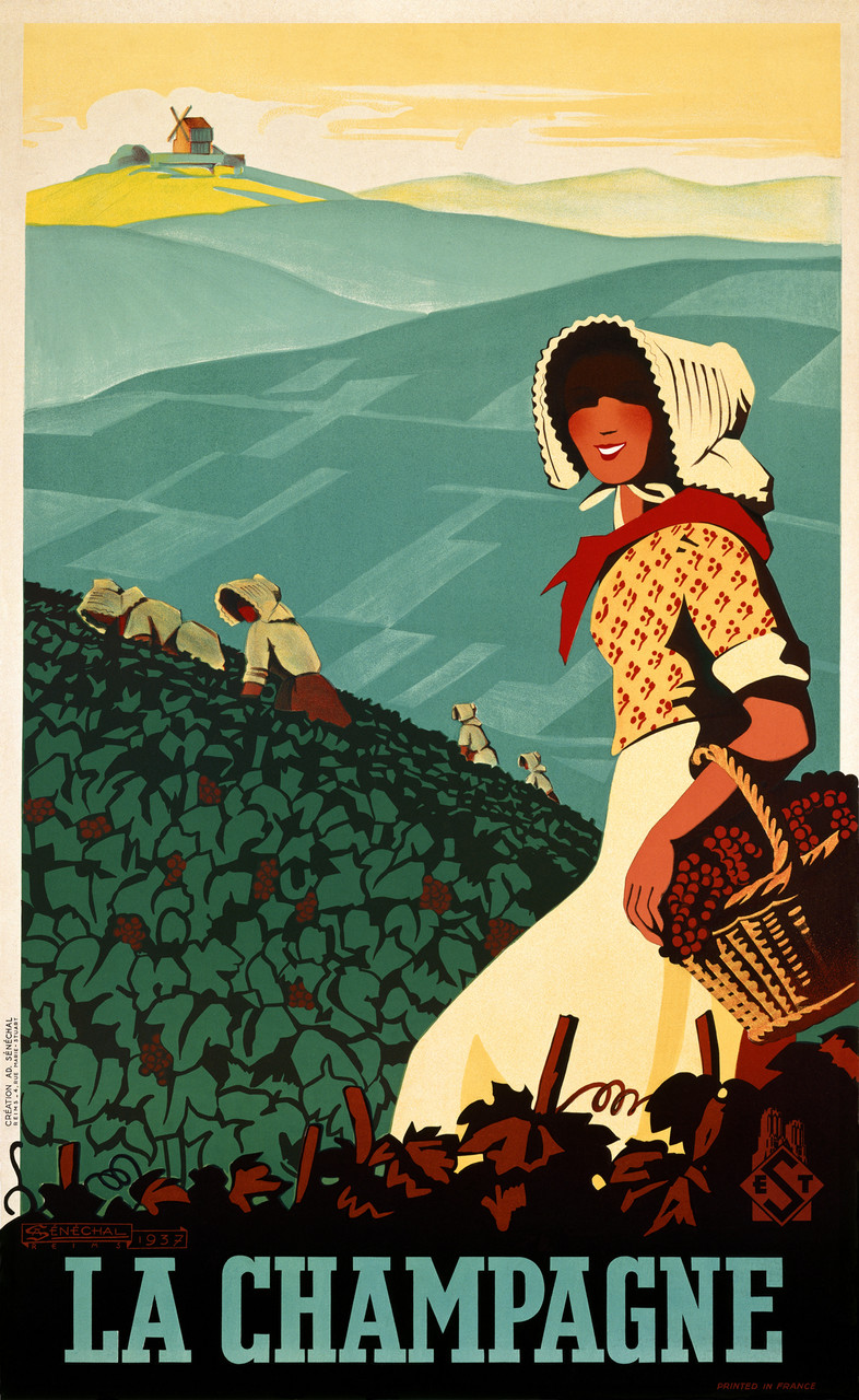 La Champagne by Senechal 1938 France - Beautiful Vintage Poster Reproduction. This vertical French wine and spirits poster features a women wearing a bonnet walking through a vineyard with a basket of grapes. Giclee Advertising Print. Classic Posters