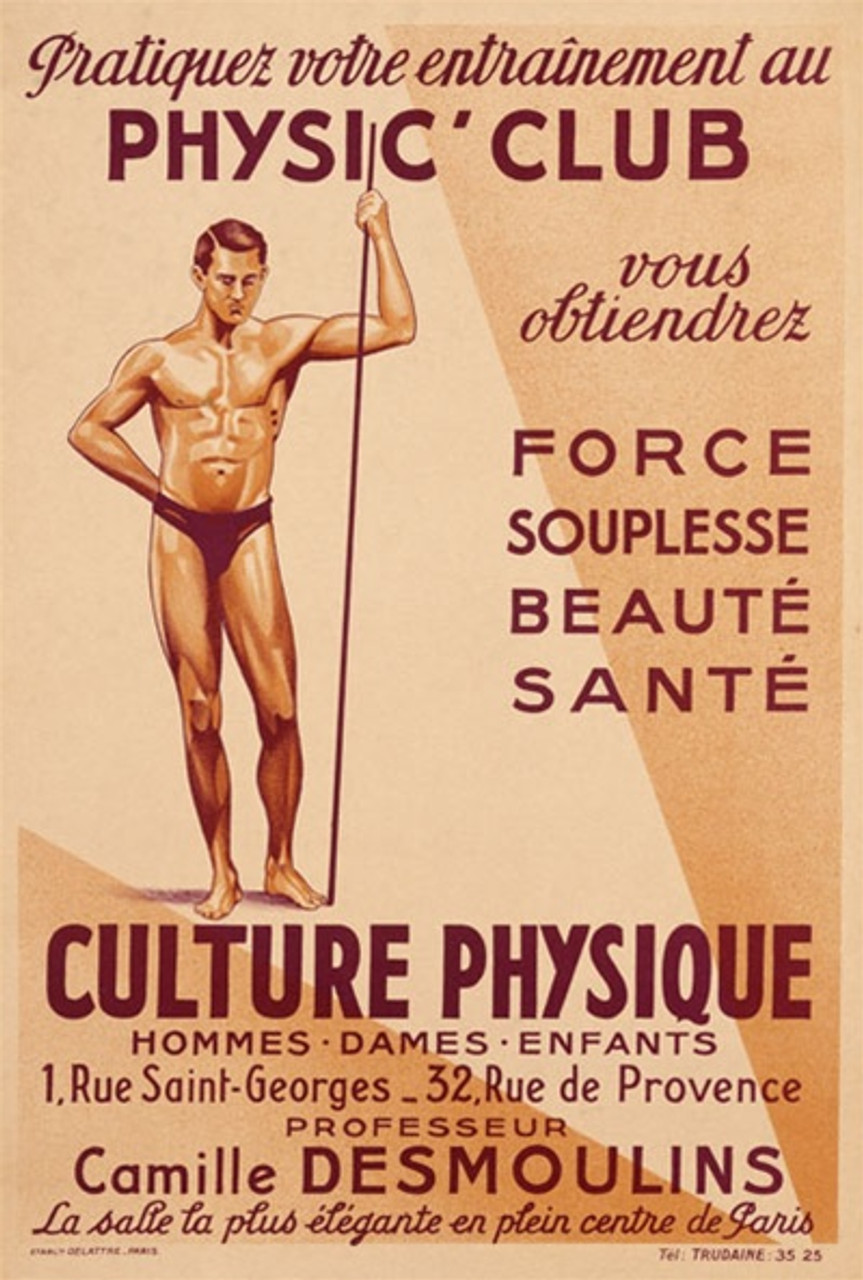 Culture Physique 1920 France - Beautiful Vintage Poster Reproductions. This vertical French product poster features a physically fit man in a speedo holding a pole. Physic Club Force Souplesse Beaute Sante. Giclee Advertising Print. Classic Posters