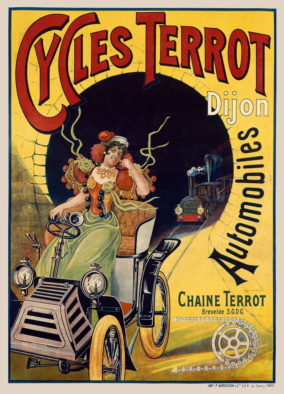Cycles Terrot Automobiles Vintage Poster by Ploz 1906 French Automotive & Transportation Advertisement – High Quality Giclee Reproduction Fine Art Print. Featuring a stylish woman joyfully driving an early motorcar with decorative ribbons swirling, set against a dramatic tunnel backdrop with a steam locomotive emerging in the distance and framed by bold yellow stone walls.