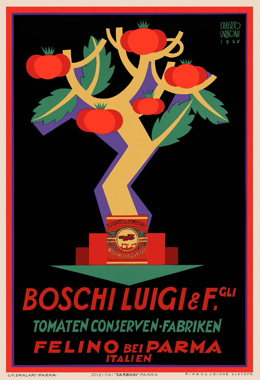 Boschi Luigi Vintage Poster by Erberto Carboni 1926 Italian Tomato Food Product Advertisement – High Quality Giclee Reproduction Fine Art Print. Featuring a stylized tomato tree with bright red fruit and bold leaves emerging from a can, set against a striking black background.