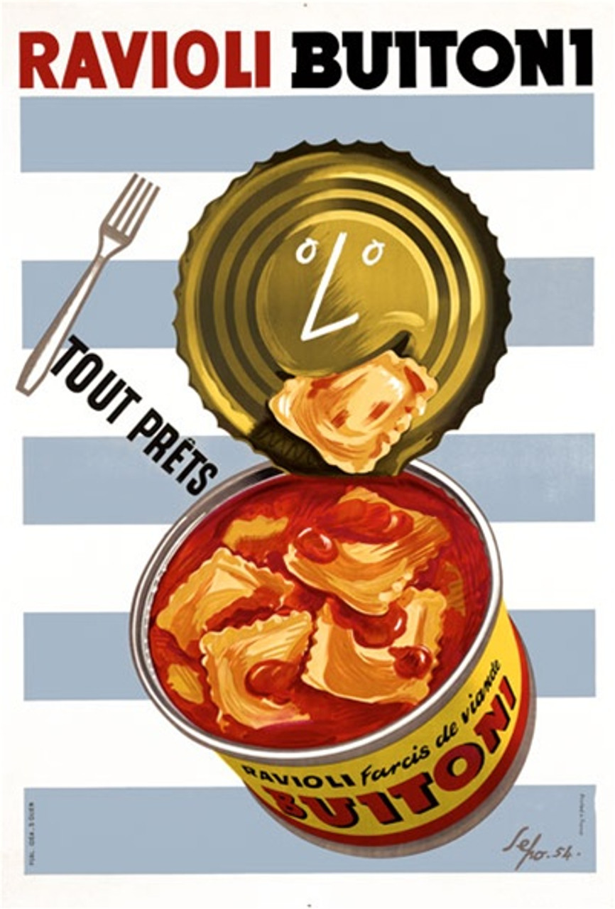 Ravioli Buitoni 1954 Italy - Beautiful Vintage Poster Reproductions. This vertical Italian culinary / food poster features a open can of pasta. The face on the lid is eating one of the ravioli. Blue, White stripes Giclee Advertising Print. Classic Posters