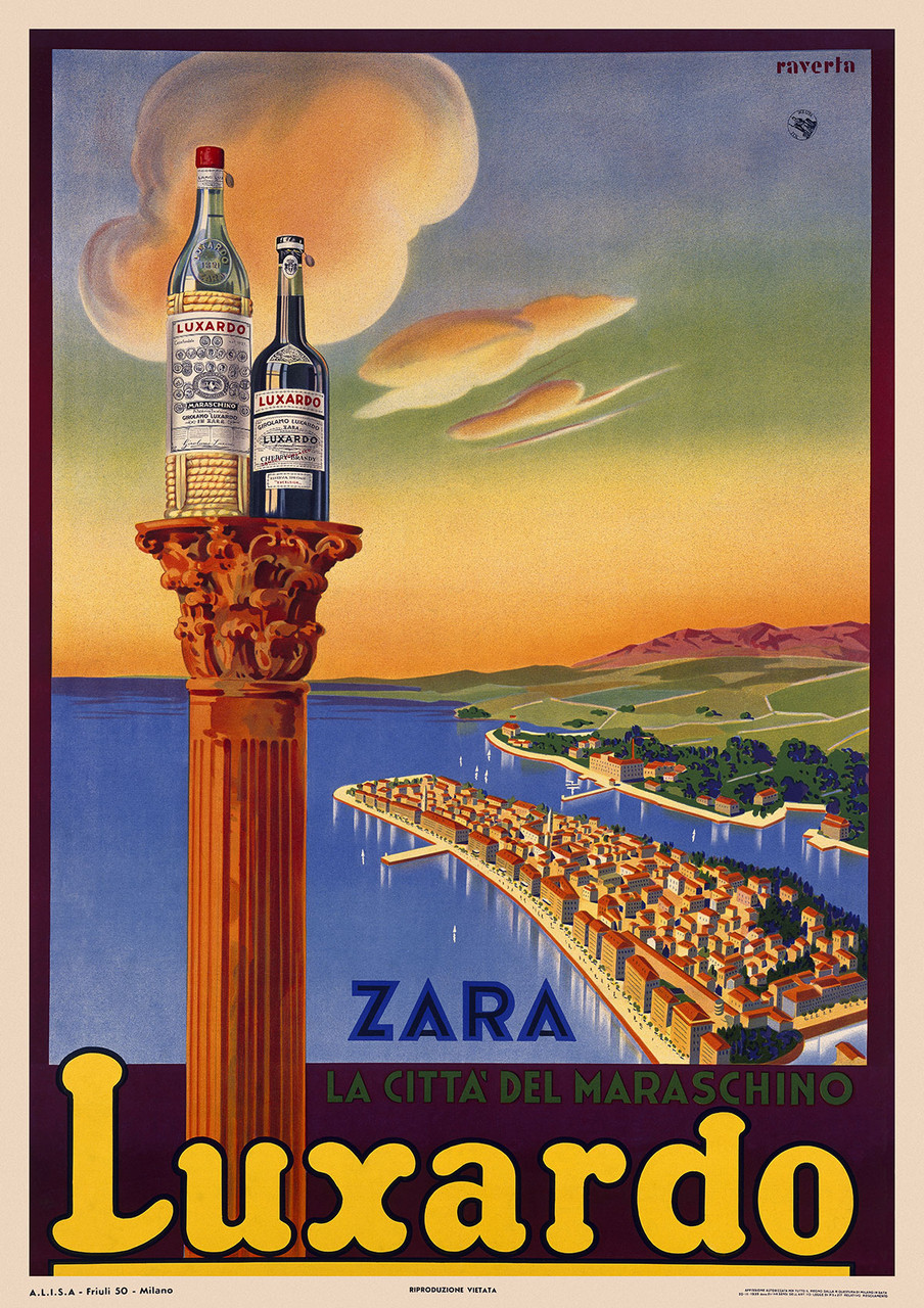 Luxardo Cherry Brandy Vintage Poster by Raverta 1939 Italian Wine & Spirits Advertisement – High Quality Giclee Reproduction Fine Art Print. Featuring two bottles of Luxardo liqueur displayed on a classical column overlooking a scenic coastal cityscape at sunset, with soft clouds in a pastel sky.