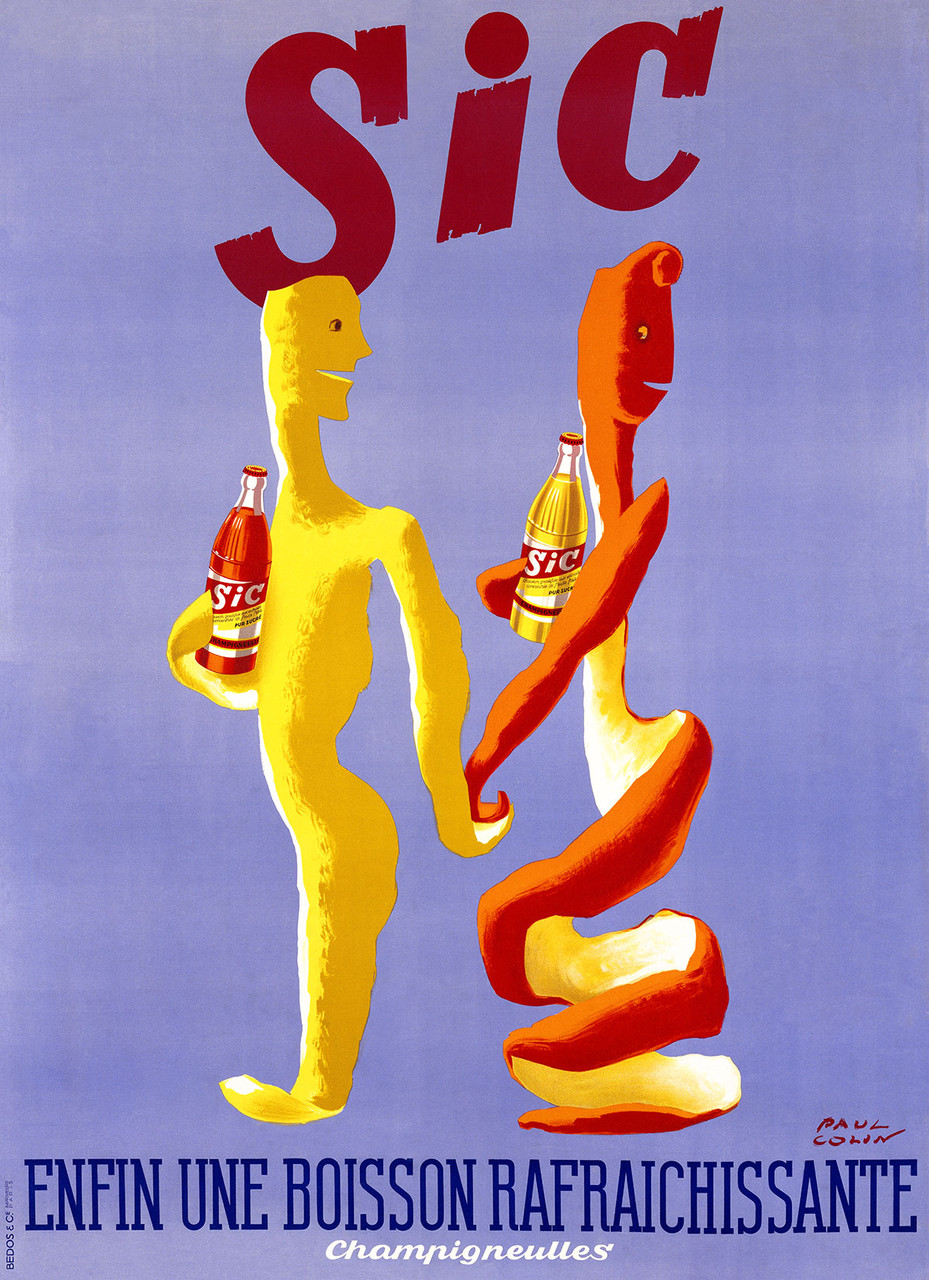 Sic Boisson Vintage Poster by Paul Colin 1948 French Orange and Lemon Soda Advertisement – High Quality Giclee Reproduction Fine Art Print. Featuring whimsical figures made from twisting lemon and orange peels holding Sic soda bottles, set against a cheerful purple blue background.