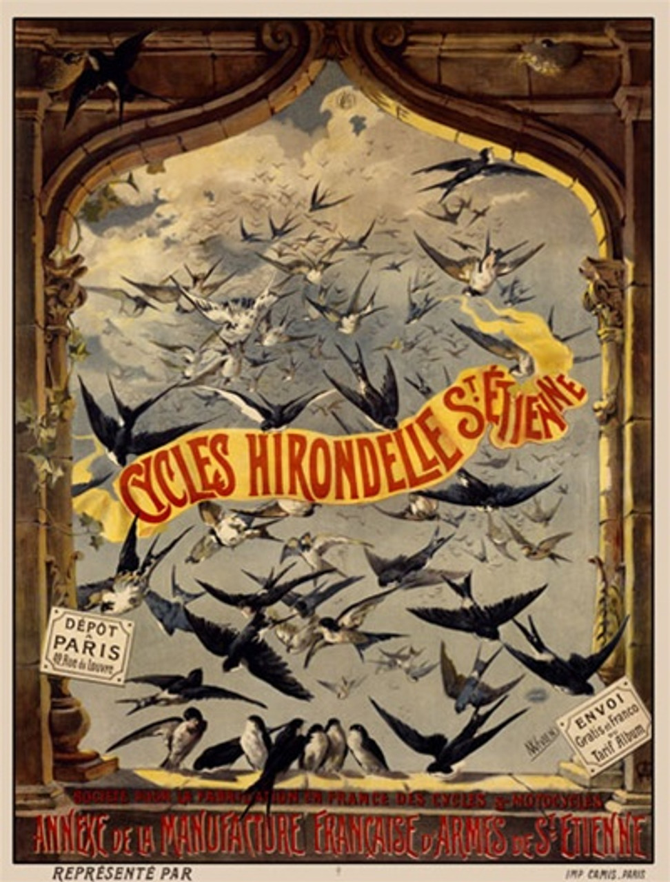 Cycles Hirondelle 1900 France - Beautiful Vintage Poster Reproductions. This vertical French transportation poster features a flock of birds flying in a window with a yellow banner and two small signs. Giclee Advertising Print. Classic Posters