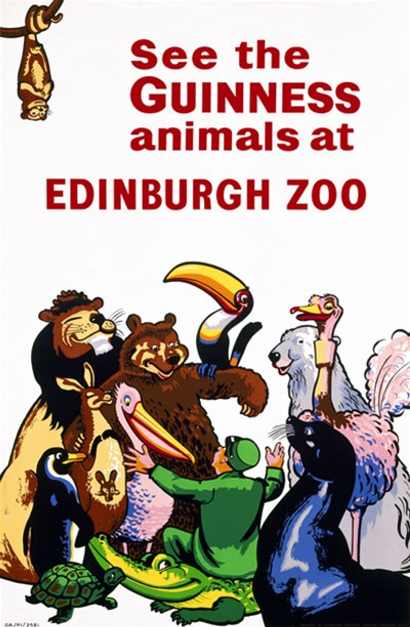 Guinness Beer Poster by Gilroy - Beautiful Vintage Posters Reproductions. This vertical English beer poster features animals (lion, bear, alligator, ostrich, pelican) gathered around the zoo keeper. Giclee Print. See the Guinnes animals at Edinburgh Zoo.