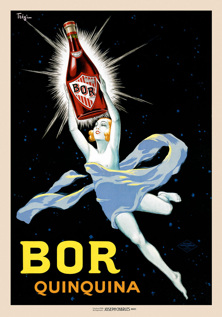 BOR Quinquina Vintage Poster by Tregi 1924 French Wine & Spirits Advertisement – High Quality Giclee Reproduction Fine Art Print. Featuring a radiant Art Deco-style woman soaring through a starry night sky holding a glowing bottle of BOR aperitif.