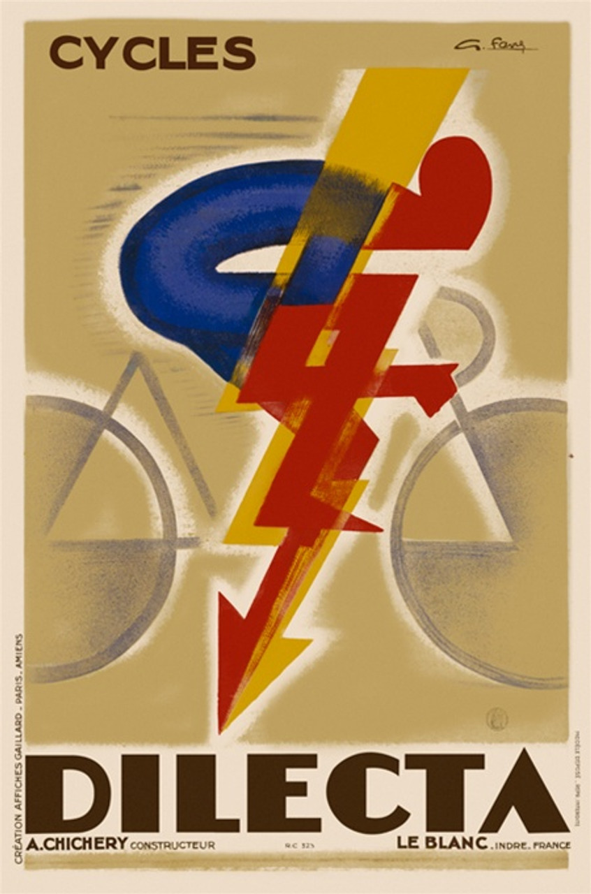 Cycles Dilecta by Favre 1926 France - Vintage Posters Reproductions. French bicycles poster features a red and blue abstract cyclist with a lighting bolt or arrow following the line of his body in yellow. Giclee Advertising Prints. Classic Poster