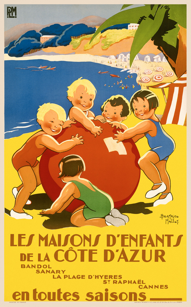 Les Maisons D'Enfants De La Cote D'Azur Vintage Poster by Beatrice Mallet 1930 French Travel Advertisement – High Quality Giclee Reproduction Fine Art Print. Featuring cheerful young children in colorful swimsuits playing with a large red beach ball under a palm tree, set against a sunny Riviera coastline with beach tents and boats.