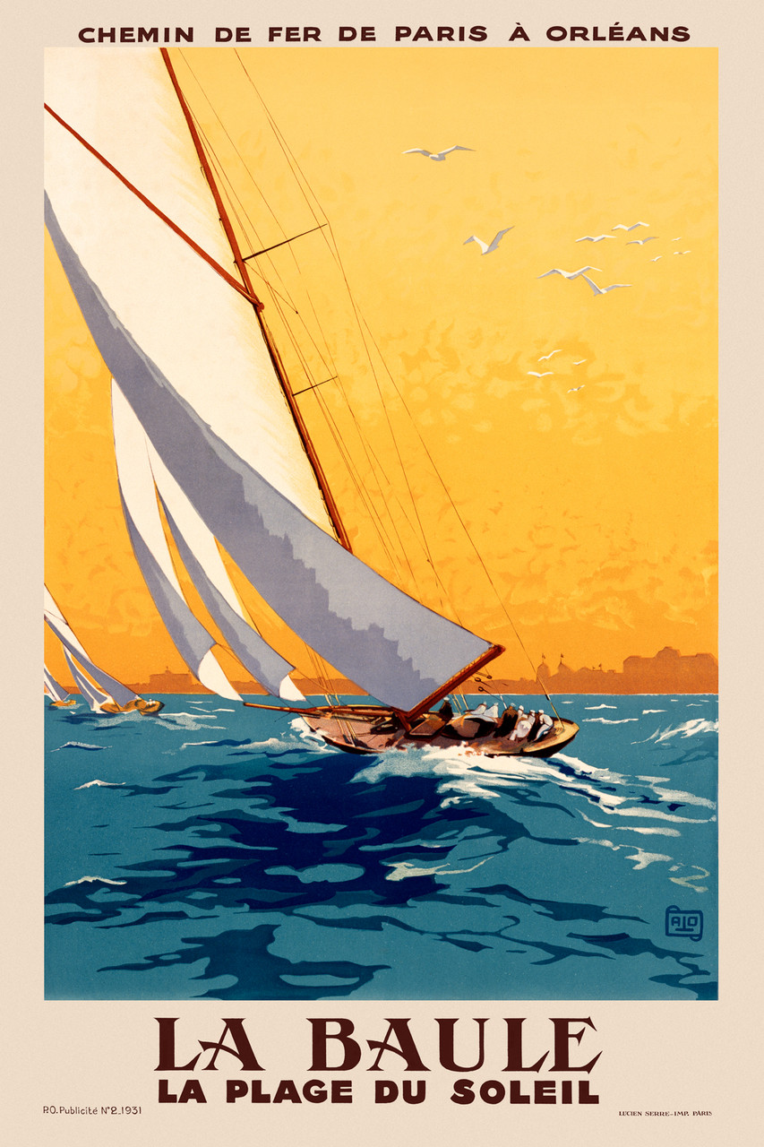 La Baule La Plage Du Soleil Chemin De Fer De Paris A Orleans 1931 Vintage Travel Poster by Alo. French travel poster features sailboats on ocean waves lean to one side in the wind as seagulls fly in the yellow sunset sky above. Giclee Advertising Print. Classic Posters