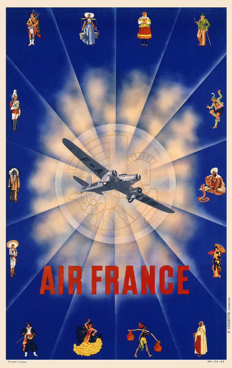 Air France Vintage Poster 1938 French Travel & Airline Advertisement – High Quality Giclee Reproduction Fine Art Print. Featuring a radiant airplane flying at the center of a sunburst sky surrounded by colorful figures in traditional costumes representing global cultures, all set against a bold blue background.