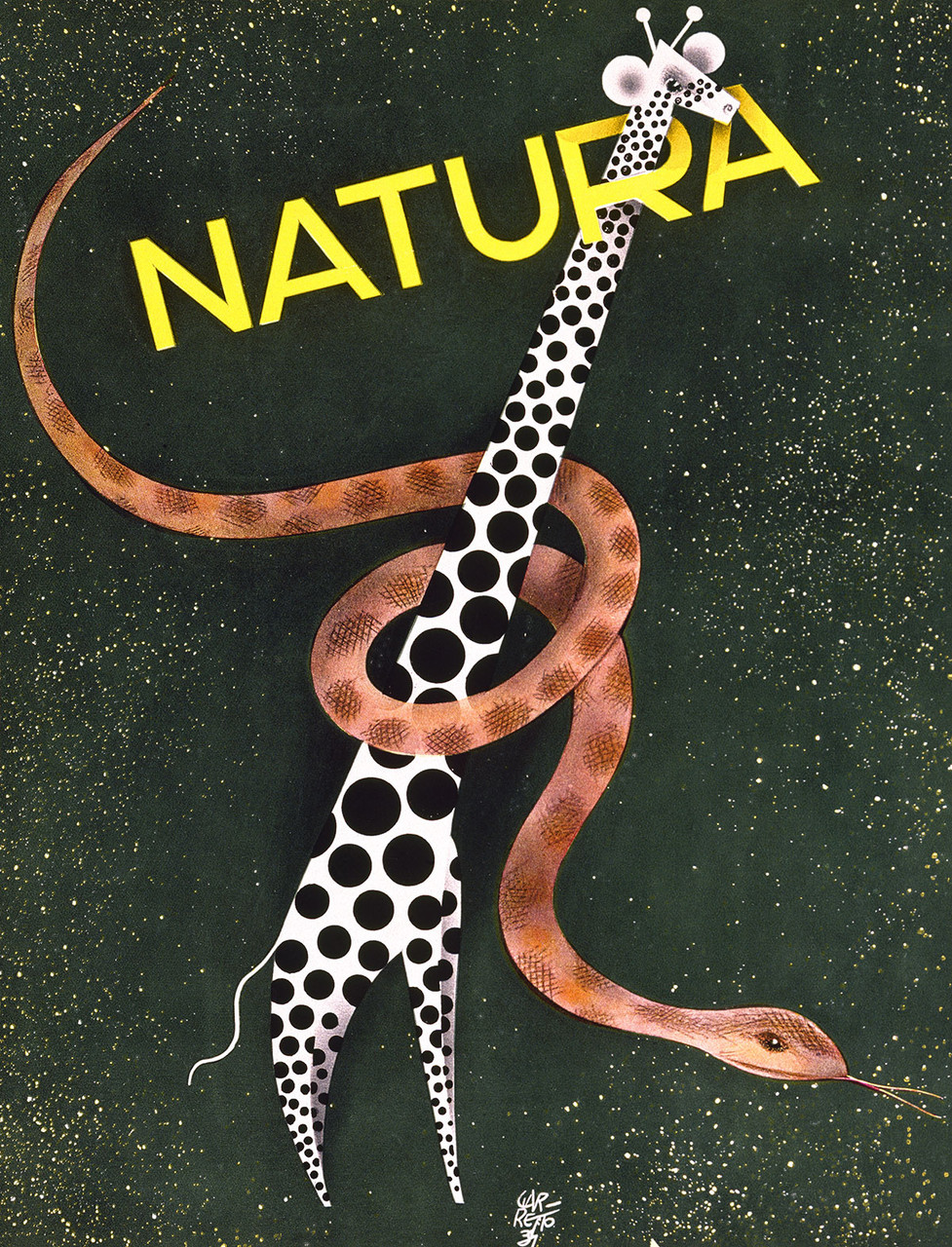Natura Vintage Poster 1931 French Animal & Travel Advertisement – High Quality Giclee Reproduction Fine Art Print. Featuring a surreal black and white polka dotted giraffe entwined by a coiled snake, set against a dark green star speckled background.
