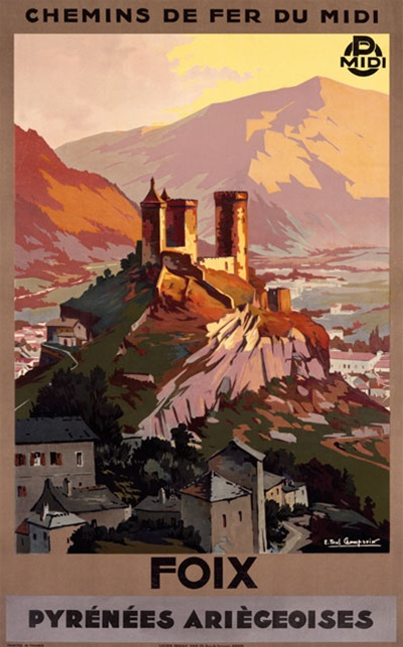 Pyrenees Ariegeoises by Champseix 1930 France - Vintage Poster Reproductions. This French travel poster features a sunset view of a castle on a hill in the center of a town with mountains in the background. Giclee Advertising Print. Classic Posters