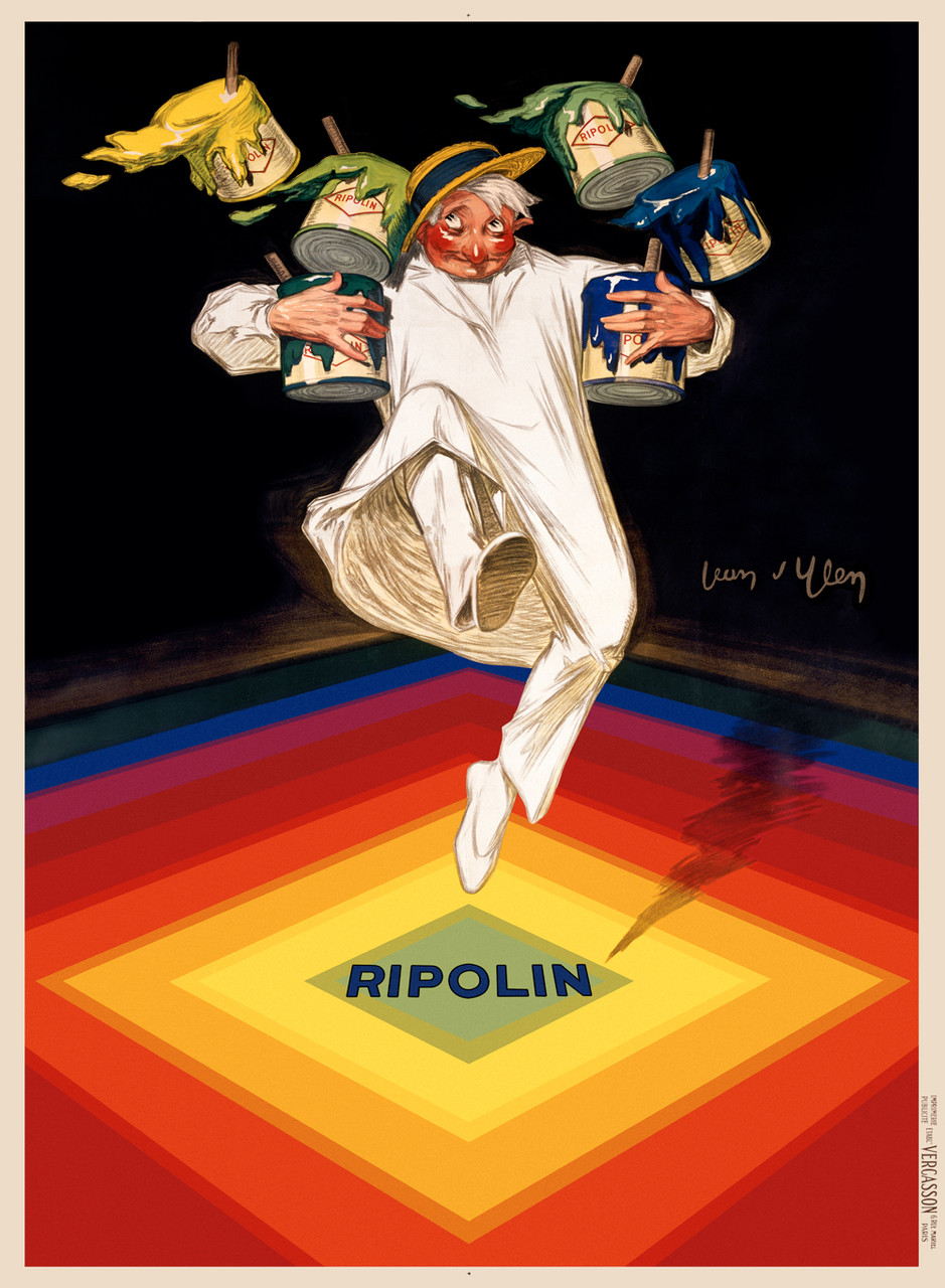 Ripolin Vintage Poster by Jean D'Ylen 1928 French Paint & Household Goods Advertisement – High Quality Giclee Reproduction Fine Art Print. Featuring a cheerful figure in white juggling colorful cans of paint while dancing over a bold rainbow-toned square floor, set against a deep black background.