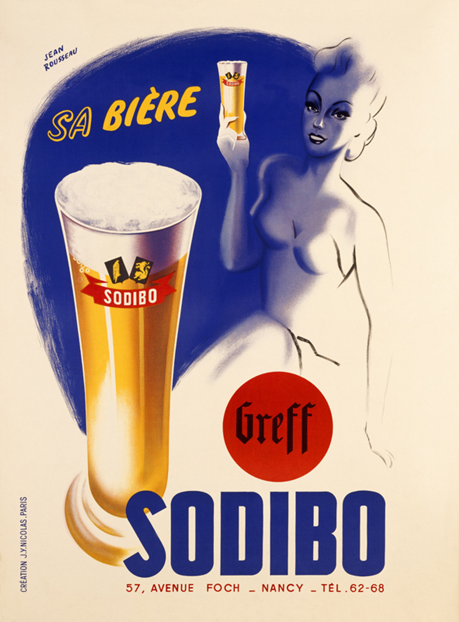 Sodibo Biere Sodibo Vintage Poster by Jean Rousseau 1928 French Beer Advertisement – High Quality Giclee Reproduction Fine Art Print. Featuring a tall frothy glass of Sodibo beer in the foreground with a stylized blue-toned female figure holding a matching glass, set against a soft cream background.