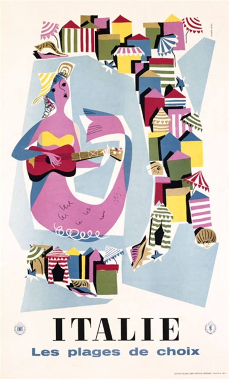 Italie by Croce 1958 Italy - Beautiful Vintage Poster Reproduction. This vertical Italian travel poster features a graphic image of a mermaid playing the guitar with beach tents circling around her. Giclee Advertising Print. Classic Posters