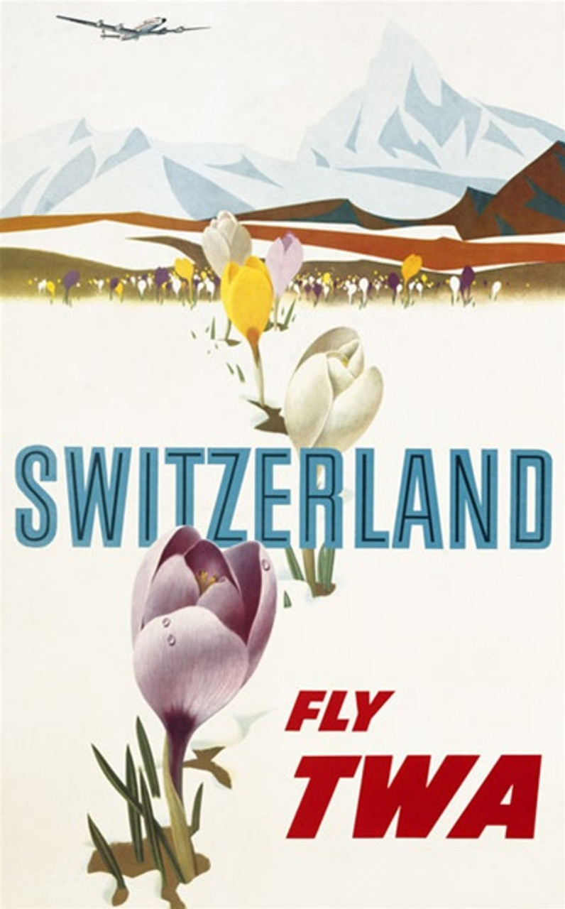 TWA Switzerland poster by Klein America USA - Beautiful Vintage Poster Reproductions. This vertical American travel poster features tulips blooming through the snow with mountains and an airplane in the distance. Giclee Advertising Print. Classic Posters