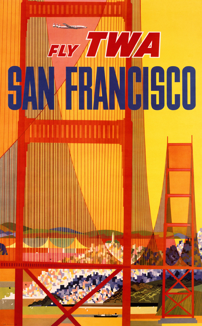 Fly TWA San Francisco Poster by David Klein 1950 America USA  Vintage Poster Reproduction.  American travel poster features the golden gate bridge in orange and red with a plane flying through the yellow sky. Giclee Advertising Prints. Classic Posters