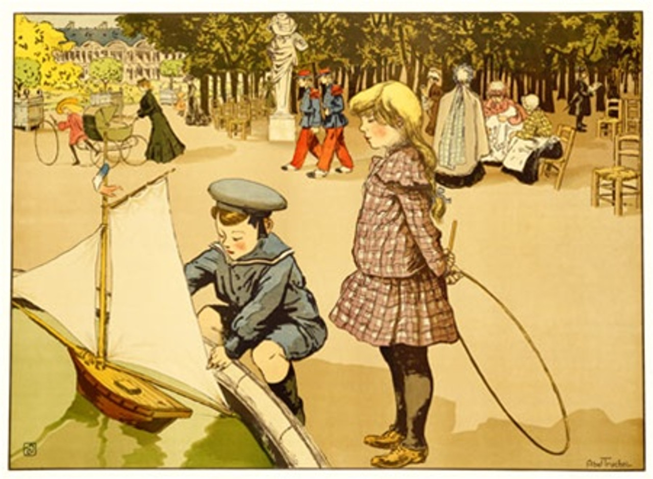 Jardin du Luxumburg by Truchet 1900 France - Vintage Poster Reproductions. This horizontal French poster features a boy playing with his toy boat in the fountain at the park with a girl next to him. Giclee Advertising Print. Classic Posters