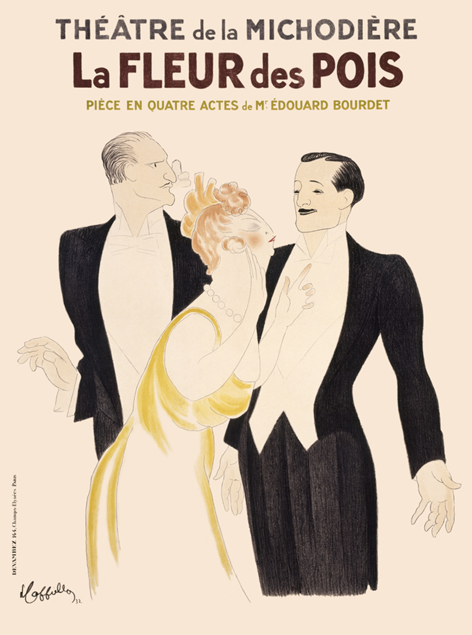La Fleur des Pois Vintage Poster by Leonetto Cappiello 1932 French Theater Advertisement – High Quality Giclee Reproduction Fine Art Print. Featuring a stylish Art Deco scene of a glamorous woman in a yellow dress, flirting with a man in a tuxedo, while another man watches, set against a cream-toned background.