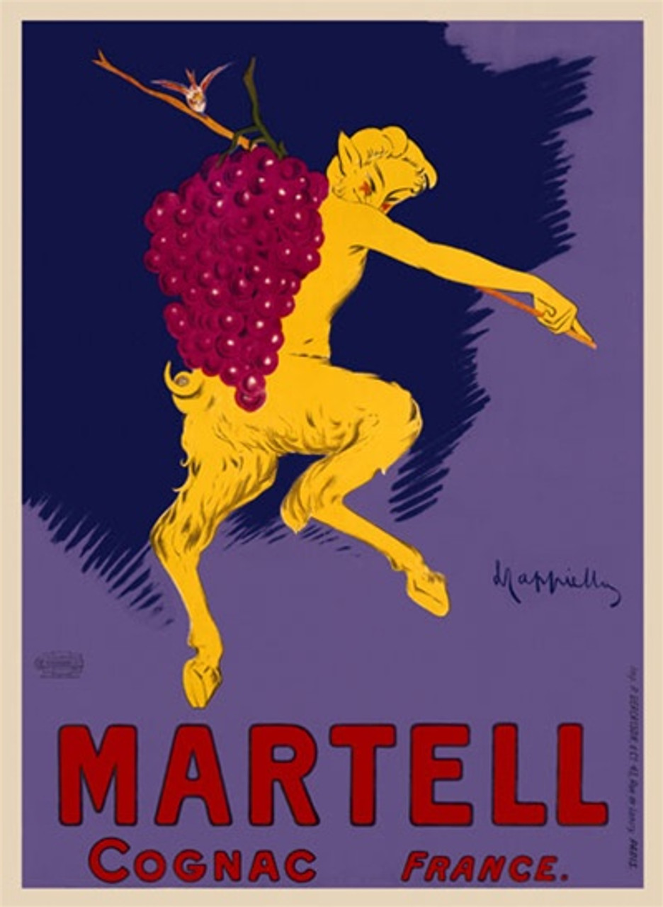 Cognac Martell by Cappiello 1905 France - Beautiful Vintage Poster Reproduction. This vertical French wine and spirits poster features a yellow satyr (half man, half goat) carrying a bunch of grapes. Giclee advertising print. Classic Posters