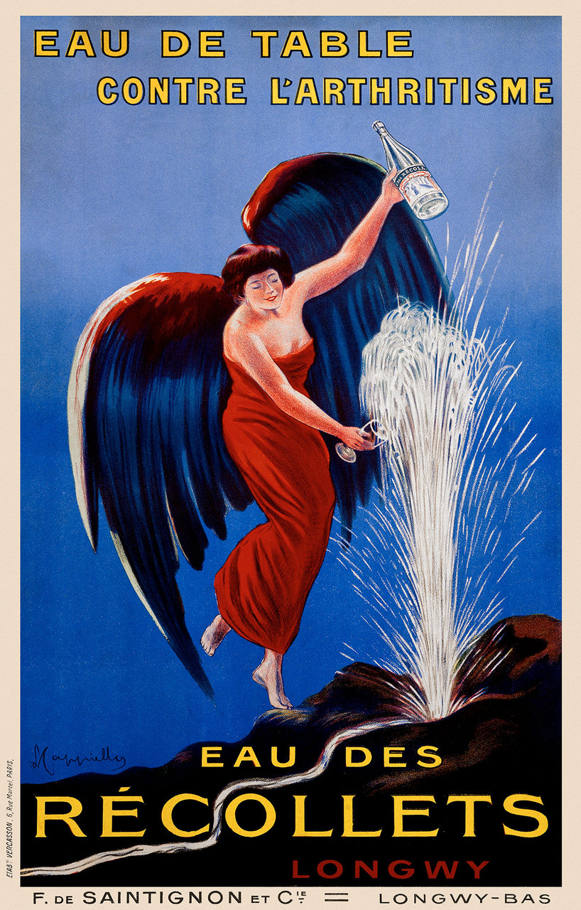 Eau des Recollets Vintage Poster by Leonetto Cappiello 1912 French Water & Beverage Advertisement – High Quality Giclee Reproduction Fine Art Print. Featuring a winged woman in a flowing red gown raising a branded bottle while catching spring water in a glass, set against a vivid blue background with a dynamic water jet.